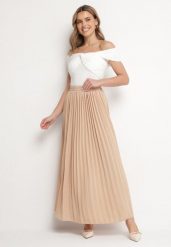 Beżowa Spódnica o Rozkloszowanym Kroju z Plisami i Gumką w Talii Ulithra. Brązowe spódnice damskie Born2be, na co dzień, l, bez wzorów, eleganckie, maxi. Za 59.99 zł.
