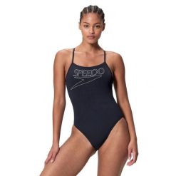 Strój kąpielowy damski Speedo End+ Logo Thin Strap. Czarne stroje jednoczęściowe Speedo, bez wzorów, z materiału. Za 195.49 zł.