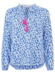 Zwillingsherz Bluzka "Colorful Leopard" w kolorze niebiesko-białym rozmiar: L/XL. Białe bluzki damskie Zwillingsherz, l, z aplikacjami, z wiskozy, bez kołnierzyka, bez ramiączek. Za 105.38 zł.