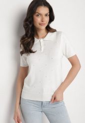 Biały T-shirt Polo Sweterkowe z Wiskozy Daliera. Białe t-shirty damskie Born2be, uniwersalny, z aplikacjami, z jeansu, bez kołnierzyka. Za 99.99 zł.