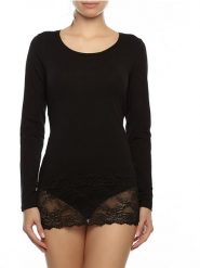 COTONELLA Koszulka w kolorze czarnym rozmiar: L. Czarne bluzki damskie Cotonella, l, bez wzorów, z koronki, bez kołnierzyka, bez ramiączek. Za 56.79 zł.