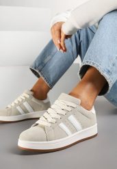 Beżowe Sneakersy z Ozdobnymi Paskami Doloreth. Brązowe obuwie sportowe damskie Born2be, z jeansu, bez zapięcia. Za 79.99 zł.