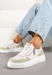 Biało-Zielone Sneakersy Skórzane z Ozdobnym Suwakiem Tillirella. Białe obuwie sportowe damskie Born2be, z jeansu, bez zapięcia. Za 189.99 zł.