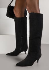 Czarne Kozaki na Kaczuszce z Elegancką Cholewką do Kolana Tesema. Czarne kozaki damskie Renee, z jeansu, bez obcasa, na obcasie, bez zapięcia. Za 189.99 zł.