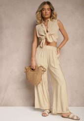 Beżowe Spodnie Palazzo o Szerokim Kroju High Waist Lislevia. Brązowe spodnie materiałowe damskie Renee, bez wzorów, z jeansu. Za 39.99 zł.