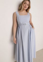 Niebieska Bawełniano-Wiskozowa Sukienka Retro w Groszki o Rozkloszowanym Kroju Eviphaia. Niebieskie sukienki damskie Born2be, bez wzorów, z bawełny, klasyczne, bez ramiączek. Za 179.99 zł.