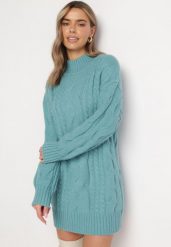 Miętowy Luźny Sweter w Warkoczykowy Splot Sentlia. Zielone swetry klasyczne damskie Born2be, ze splotem, bez kołnierzyka. Za 189.99 zł.