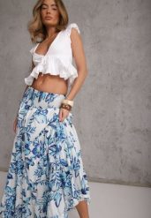 Niebieska Letnia Spódnica z Bawełny w Kwiaty Zdobiona Kaskadowymi Przeszyciami Mereros. Niebieskie spódnice damskie Renee, na lato, m, z aplikacjami, z bawełny, boho, maxi. Za 99.99 zł.