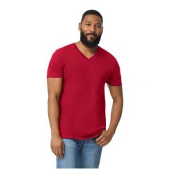 Koszulka Unisex Dla Dorosłych Z Miękkim Dekoltem V. Czerwone bluzki damskie GILDAN, m, bez wzorów, sportowe, bez kołnierzyka, bez ramiączek. Za 35.99 zł.
