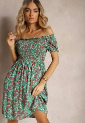 Zielona Hiszpanka Sukienka z Wiskozy w Kwiatowy Wzór z Gumką w Pasie Silemia. Zielone sukienki damskie Renee, bez wzorów, z wiskozy, eleganckie, bez ramiączek. W wyprzedaży za 29.99 zł.