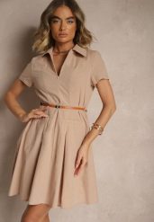 Ciemnobeżowa Sukienka Koszulowa z Cienkim Paskiem w Talii Weolessa. Brązowe sukienki damskie Renee, bez wzorów, z jeansu, eleganckie, bez ramiączek. W wyprzedaży za 68.99 zł.