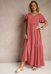 Ciemnoróżowa Rozkloszowana Sukienka z Wiskozy z Dekoltem w Serek Natasella. Czerwone sukienki damskie Renee, bez wzorów, z wiskozy, biznesowe, bez ramiączek. Za 69.99 zł.