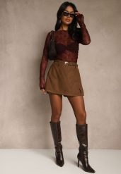 Brązowe Spódnico-Szorty High Waist z Ozdobnym Paskiem Korelea. Brązowe szorty damskie Renee, bez wzorów, z podwyższonym stanem. Za 109.99 zł.