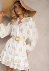 Biała Sukienka Mini w Liście o Rozkloszowanym Kroju z Falbanką Lairee. Białe sukienki damskie Renee, bez wzorów, bez ramiączek. W wyprzedaży za 127.99 zł.