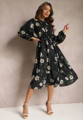 Czarno-Beżowa Midi Sukienka w Kwiaty o Rozkloszowanym Kroju z Rękawami Nietoperz Jervia. Czarne sukienki damskie Renee, bez wzorów, eleganckie, bez ramiączek. W wyprzedaży za 43.99 zł.