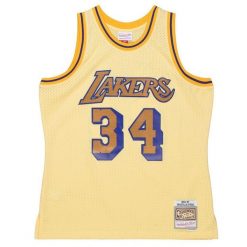 Koszulka NBA Los Angeles Lakers Shaquille O’Neal 1996/97. Żółte koszulki damskie Mitchell & Ness, bez wzorów, bez kołnierzyka, bez ramiączek. Za 616.50 zł.