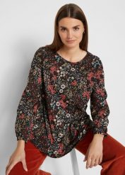 Tunika shirtowa z nadrukiem, z bawełny. Czarne tuniki damskie bonprix, bez wzorów, z bawełny, eleganckie, bez kołnierzyka, bez ramiączek. Za 89.99 zł.