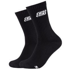 Skarpetki sportowe dla dorosłych 2pk Tennis Cushioned Socks. Czarne skarpetki damskie Skechers, bez wzorów, z bawełny. Za 29.99 zł.