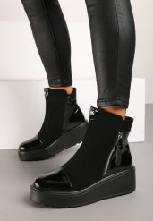 Czarne Botki na Koturnie Ozdobione Suwakiem i Lakierowanymi Wstawkami Linnalia. Czarne botki damskie Born2be, z jeansu, eleganckie, bez obcasa, na koturnie, bez zapięcia. Za 139.99 zł.