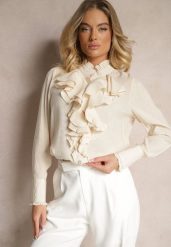 Beżowa Koszula z Wiskozy z Falbanami i Biżuteryjnymi Guzikami Tasvila. Brązowe koszule damskie Renee, m, bez wzorów, z jeansu, eleganckie, bez kołnierzyka, bez ramiączek. Za 119.99 zł.