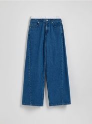 Jeansy wide leg z ozdobną wstawką - niebieski. Niebieskie jeansy damskie Reserved. W wyprzedaży za 69.99 zł.