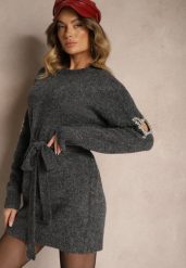 Ciemnoszara Sukienka Sweterkowa z Wełną Ozdobiona Cyrkoniami Paskiem i Wycięciami Zolida. Szare sukienki damskie Renee, bez wzorów, z wełny, eleganckie, bez ramiączek. W wyprzedaży za 135.99 zł.