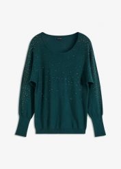 Cienki sweter z aplikacją ze sztrasów. Zielone swetry klasyczne damskie bonprix, bez kołnierzyka. Za 124.99 zł.