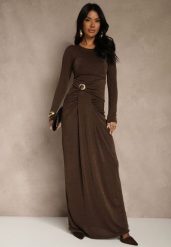 Brązowa Marszczona Sukienka Koktajlowa Zdobiona Aplikacją w Talii Siweda. Brązowe sukienki damskie Renee, z aplikacjami, z futra, klasyczne, bez ramiączek. Za 159.99 zł.