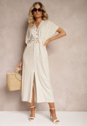 Beżowa Sukienka z Bawełny z Górą o Koszulowym Kroju Ściągana w Pasie Viklia. Brązowe sukienki damskie Renee, z aplikacjami, z bawełny, eleganckie, bez ramiączek. W wyprzedaży za 99.99 zł.