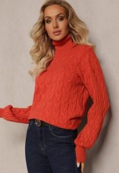 Pomarańczowy Sweterkowy Golf o Warkoczykowym Splocie Taitusi. Brązowe golfy damskie Renee, bez wzorów, ze splotem, bez ramiączek. Za 89.99 zł.