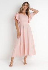 Różowa Rozkloszowana Sukienka Zdobiona Falbanami Emilienne. Czerwone sukienki damskie Born2be, z aplikacjami, z jeansu, eleganckie, bez ramiączek. Za 209.99 zł.