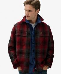 Superdry Koszula-overshirt z mieszanki wełny o kroju oversize. Czerwone koszule damskie Superdry, m, z aplikacjami, z bawełny, eleganckie, bez kołnierzyka, bez ramiączek. Za 431.35 zł.