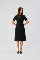 Czarna Midi Sukienka z Ozdobnymi Zakładkami. Czarne sukienki damskie MOE, bez wzorów, z elastanu, bez ramiączek. Za 326.90 zł.