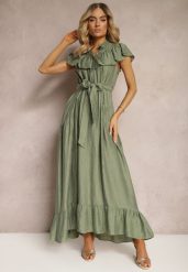 Zielona Sukienka z Materiałowym Paskiem i Wiskozą Wykończona Guzikami i Falbanką Hanesi. Zielone sukienki damskie Renee, bez wzorów, z materiału, eleganckie, bez ramiączek. W wyprzedaży za 135.99 zł.