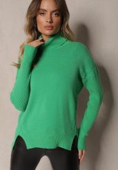 Zielony Casualowy Golf z Bawełną i Wiskozą oraz Rozcięciami po Bokach Cialisea. Zielone golfy damskie Renee, l, bez wzorów, z bawełny, bez ramiączek. Za 69.99 zł.