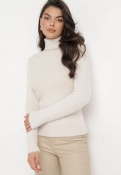 Beżowy Elastyczny Golf z Puszystej Tkaniny z Wełną Doulcet. Brązowe golfy damskie Born2be, l, bez wzorów, z materiału, bez ramiączek. Za 59.99 zł.