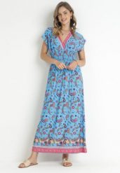 Niebieska Kopertowa Sukienka Maxi z Gumką w Pasie we Wzór Paisley Anitte. Niebieskie sukienki damskie Born2be, bez wzorów, bez ramiączek. Za 99.99 zł.