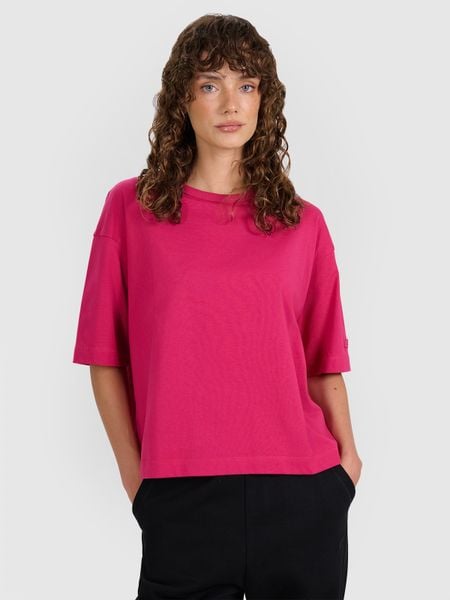 4F T-shirt oversize gładki damski - różowy XS. Czerwone t-shirty damskie 4F, xs, bez wzorów, z bawełny, bez kołnierzyka. Za 59.99 zł.