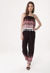 Czarno-Różowy Kombinezon Magnanimous. Czarne sukienki damskie Born2be, w ażurowe wzory, ze skóry, boho, bez ramiączek. Za 79.99 zł.