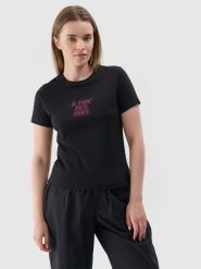 4F T-shirt slim z nadrukiem damski - czarny M. Czarne t-shirty damskie 4F, m, bez wzorów, z dzianiny, bez kołnierzyka. Za 29.99 zł.