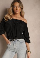 Czarna Bluzka z Wiskozą Ozdobiona Falbanami Melzivia. Czarne bluzki damskie Renee, bez wzorów, z wiskozy, eleganckie, bez kołnierzyka, bez ramiączek. Za 44.99 zł.