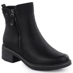 Ocieplane botki na klocku damskie czarne eVento 7992. Czarne botki damskie eVento, ze skóry ekologicznej, eleganckie, bez obcasa, bez zapięcia. Za 159.99 zł.