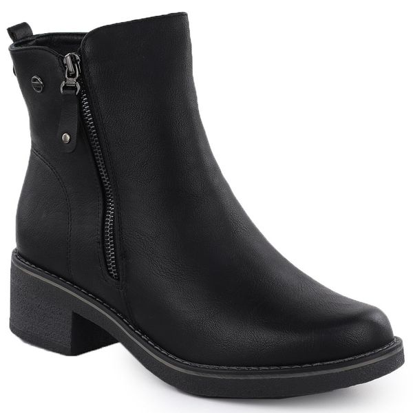 Ocieplane botki na klocku damskie czarne eVento 7992. Czarne botki damskie eVento, ze skóry ekologicznej, eleganckie, bez obcasa, bez zapięcia. Za 159.99 zł.