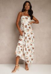 Beżowa Rozkloszowana Sukienka z Wiskozą w Kwiatowy Wzór Nalivie. Brązowe sukienki damskie Renee, bez wzorów, z wiskozy, eleganckie, bez ramiączek. Za 79.99 zł.