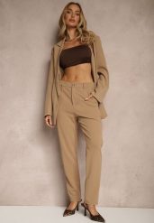 Ciemnobeżowe Spodnie z Wiskozą o Garniturowym Kroju High Waist Senaridra. Brązowe spodnie materiałowe damskie Renee, bez wzorów, z jeansu. Za 119.99 zł.
