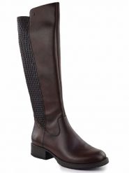 Skórzane brązowe kozaki z elastyczną gumą ocieplane Rieker Z9591-27. Brązowe kozaki damskie Rieker, z gumy, bez obcasa, bez zapięcia. Za 529.00 zł.