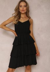 Czarna Sukienka z Wiskozy Astothee. Czarne sukienki damskie Renee, z aplikacjami, z tkaniny, klasyczne, bez ramiączek. W wyprzedaży za 47.99 zł.