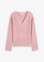 Sweter oversize z dekoltem w serek. Czerwone swetry klasyczne damskie bonprix, bez kołnierzyka. Za 112.99 zł.