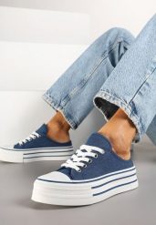 Granatowe Trampki z Niską Cholewką na Podwójnej Podeszwie Lenisna. Niebieskie trampki damskie Renee, bez wzorów, z jeansu, przed kostkę, bez zapięcia. Za 74.99 zł.