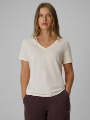 4F T-shirt regular gładki damski - kremowy XS. Białe t-shirty damskie 4F, xs, bez wzorów, z bawełny, bez kołnierzyka. Za 59.99 zł.